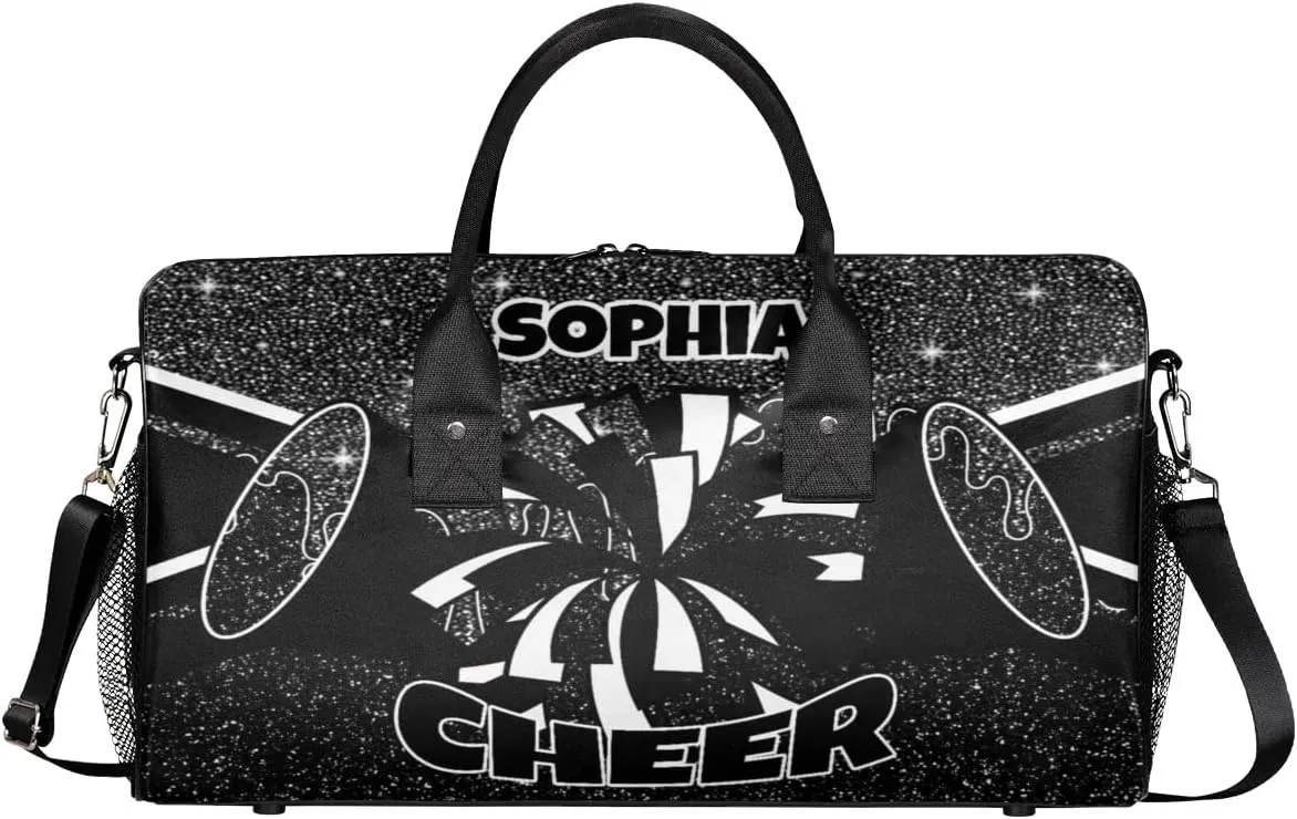 Personalized Cheer Bags for Cheerleaders Custom Sport Duffel Bag Gym Bag Travel Duffle Bag Overnight Weekender Bag with Name Black Glitter Drops