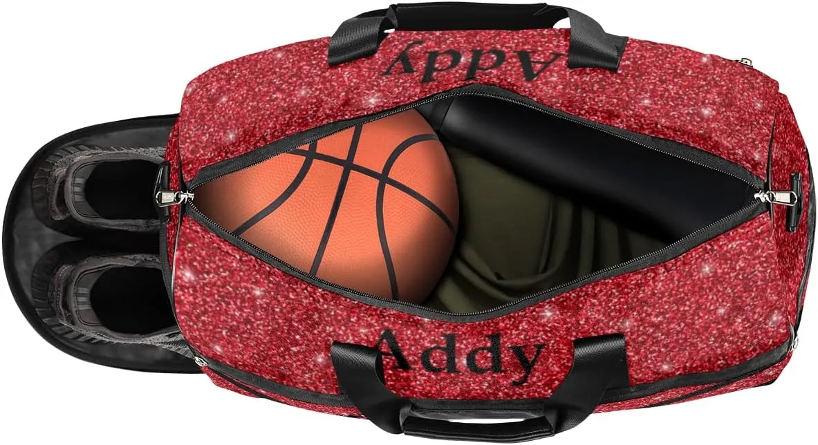 Personalized Cheerleaders Duffel Bag for Girl Women, Custom Name Sport Gym Bag with Shoes Compartment Dance Bag Yoga Overnight Weekender Bag Red Glitter Cheer