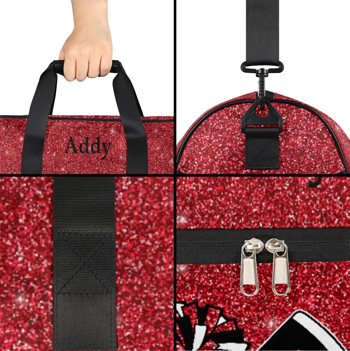 Personalized Cheerleaders Duffel Bag for Girl Women, Custom Name Sport Gym Bag with Shoes Compartment Dance Bag Yoga Overnight Weekender Bag Red Glitter Cheer