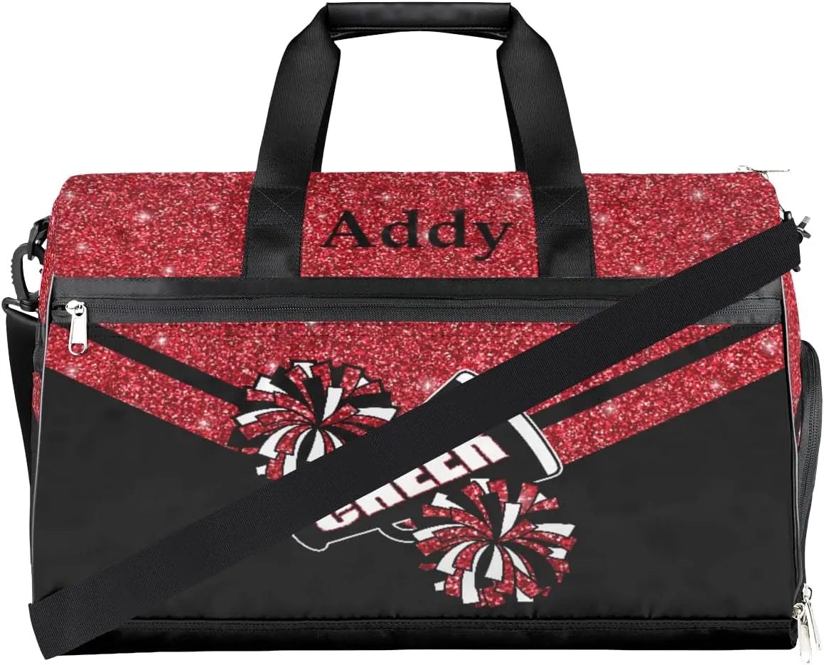 Personalized Cheerleaders Duffel Bag for Girl Women, Custom Name Sport Gym Bag with Shoes Compartment Dance Bag Yoga Overnight Weekender Bag Red Glitter Cheer