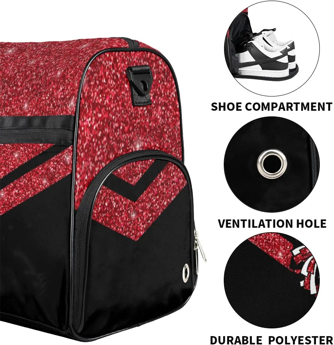 Personalized Cheerleaders Duffel Bag for Girl Women, Custom Name Sport Gym Bag with Shoes Compartment Dance Bag Yoga Overnight Weekender Bag Red Glitter Cheer