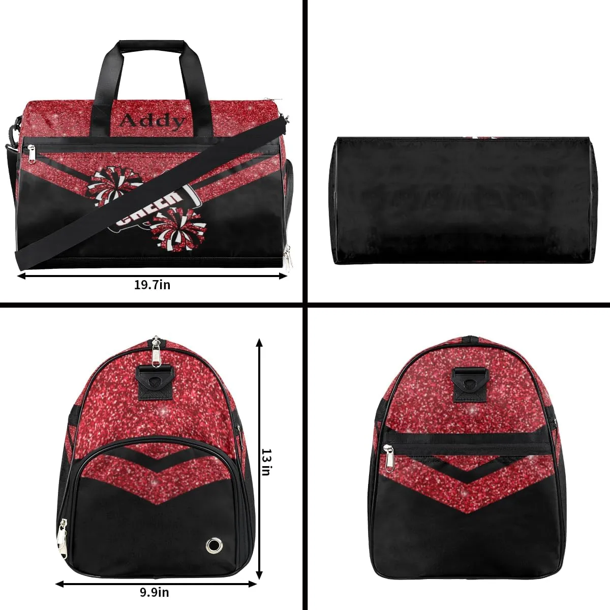 Personalized Cheerleaders Duffel Bag for Girl Women, Custom Name Sport Gym Bag with Shoes Compartment Dance Bag Yoga Overnight Weekender Bag Red Glitter Cheer