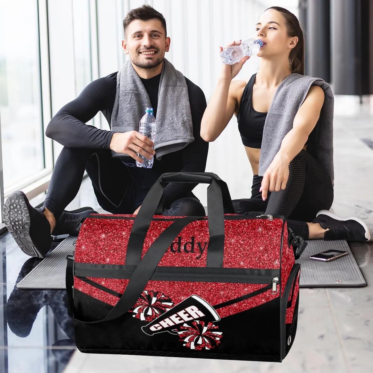 Personalized Cheerleaders Duffel Bag for Girl Women, Custom Name Sport Gym Bag with Shoes Compartment Dance Bag Yoga Overnight Weekender Bag Red Glitter Cheer