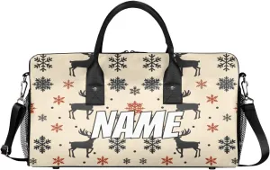 Personalized Christmas Theme Travel Duffel Bag with Name, Custom Gym Sport Bag Snowflake Reindeer Carry On Weekend Overnight Duffel Bag for Men Women