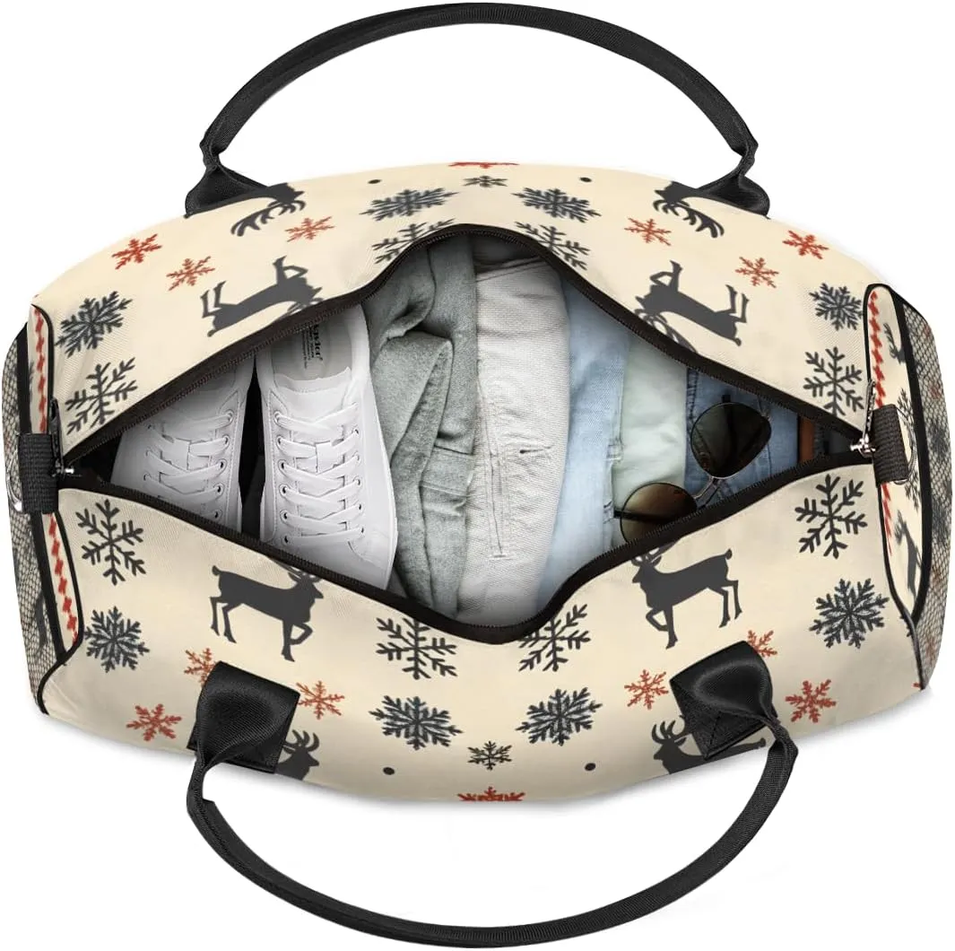 Personalized Christmas Theme Travel Duffel Bag with Name, Custom Gym Sport Bag Snowflake Reindeer Carry On Weekend Overnight Duffel Bag for Men Women