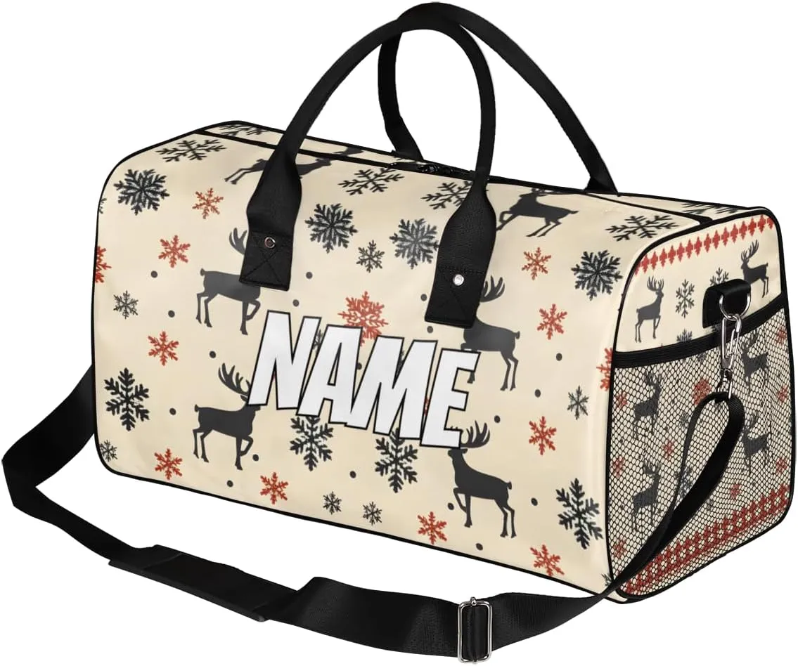 Personalized Christmas Theme Travel Duffel Bag with Name, Custom Gym Sport Bag Snowflake Reindeer Carry On Weekend Overnight Duffel Bag for Men Women