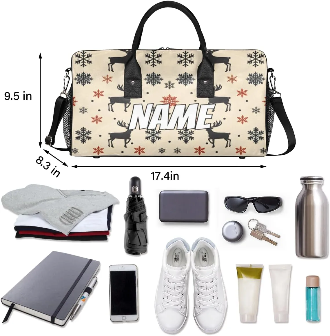 Personalized Christmas Theme Travel Duffel Bag with Name, Custom Gym Sport Bag Snowflake Reindeer Carry On Weekend Overnight Duffel Bag for Men Women
