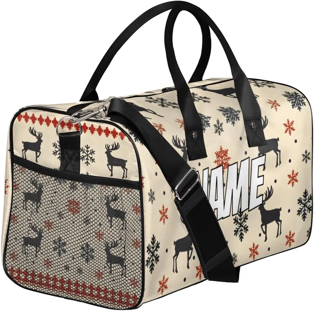Personalized Christmas Theme Travel Duffel Bag with Name, Custom Gym Sport Bag Snowflake Reindeer Carry On Weekend Overnight Duffel Bag for Men Women