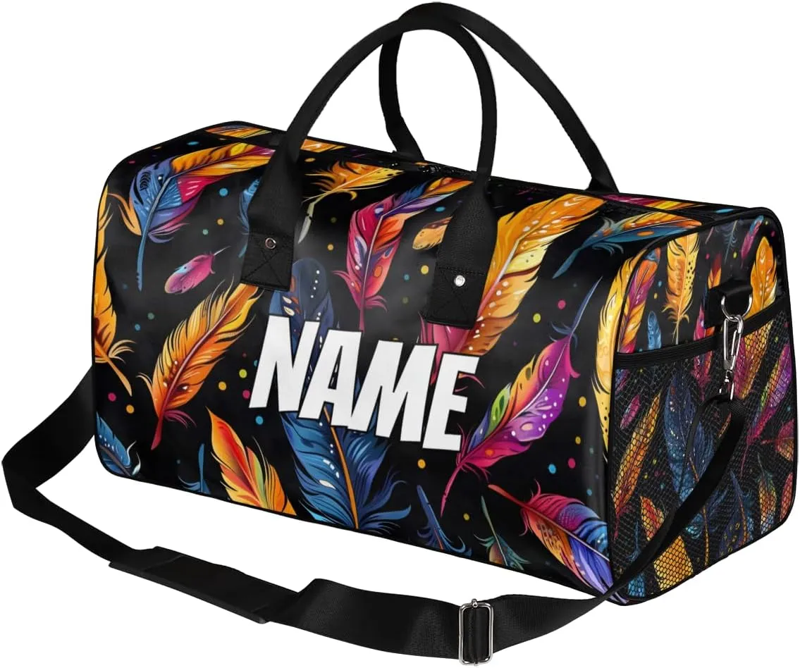 Personalized Colorful Feather Travel Duffel Bag with Name, Custom Gym Sport Bag Animal Skin Carry On Weekend Overnight Duffel Bag for Men Women