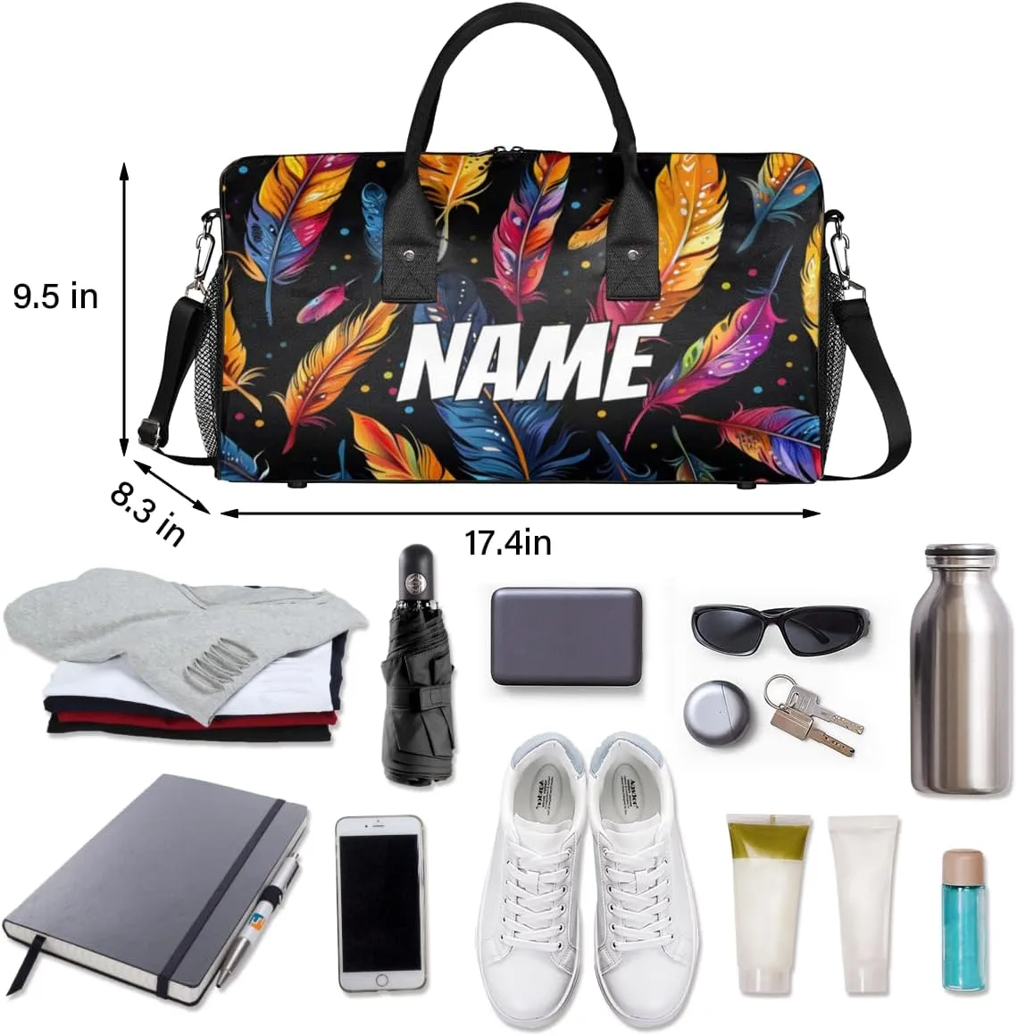 Personalized Colorful Feather Travel Duffel Bag with Name, Custom Gym Sport Bag Animal Skin Carry On Weekend Overnight Duffel Bag for Men Women