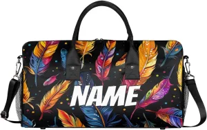 Personalized Colorful Feather Travel Duffel Bag with Name, Custom Gym Sport Bag Animal Skin Carry On Weekend Overnight Duffel Bag for Men Women