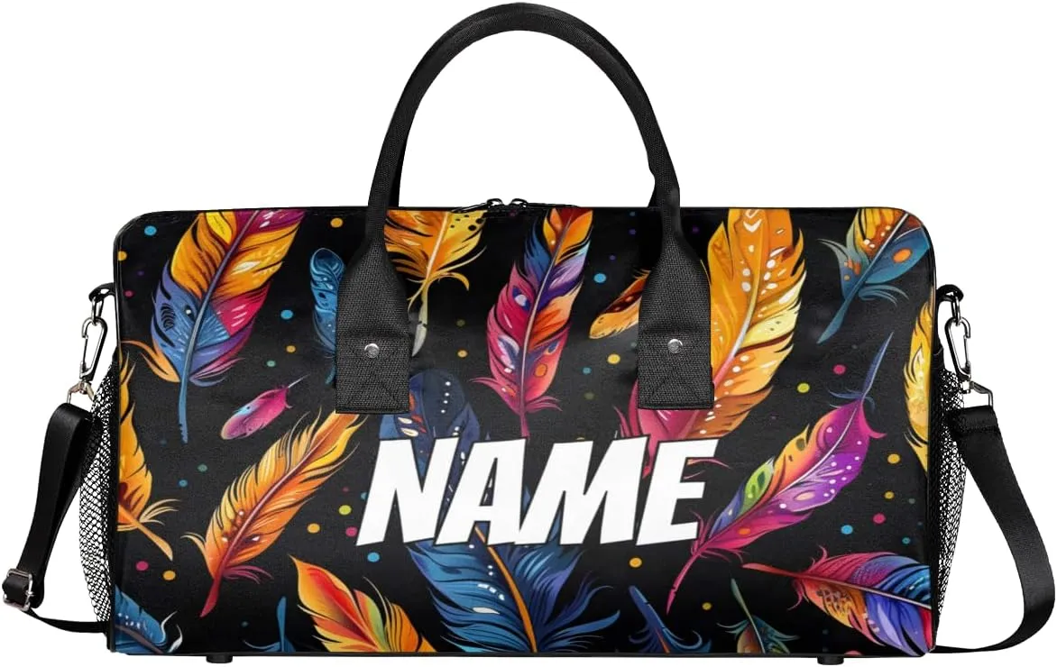 Personalized Colorful Feather Travel Duffel Bag with Name, Custom Gym Sport Bag Animal Skin Carry On Weekend Overnight Duffel Bag for Men Women