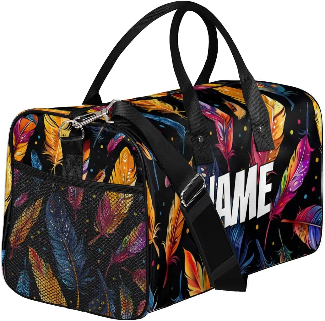 Personalized Colorful Feather Travel Duffel Bag with Name, Custom Gym Sport Bag Animal Skin Carry On Weekend Overnight Duffel Bag for Men Women