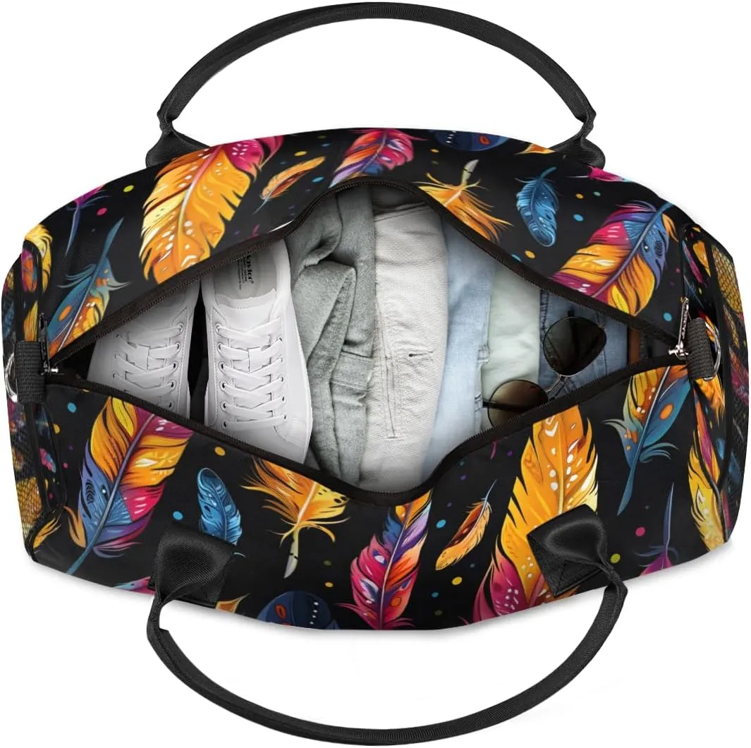 Personalized Colorful Feather Travel Duffel Bag with Name, Custom Gym Sport Bag Animal Skin Carry On Weekend Overnight Duffel Bag for Men Women