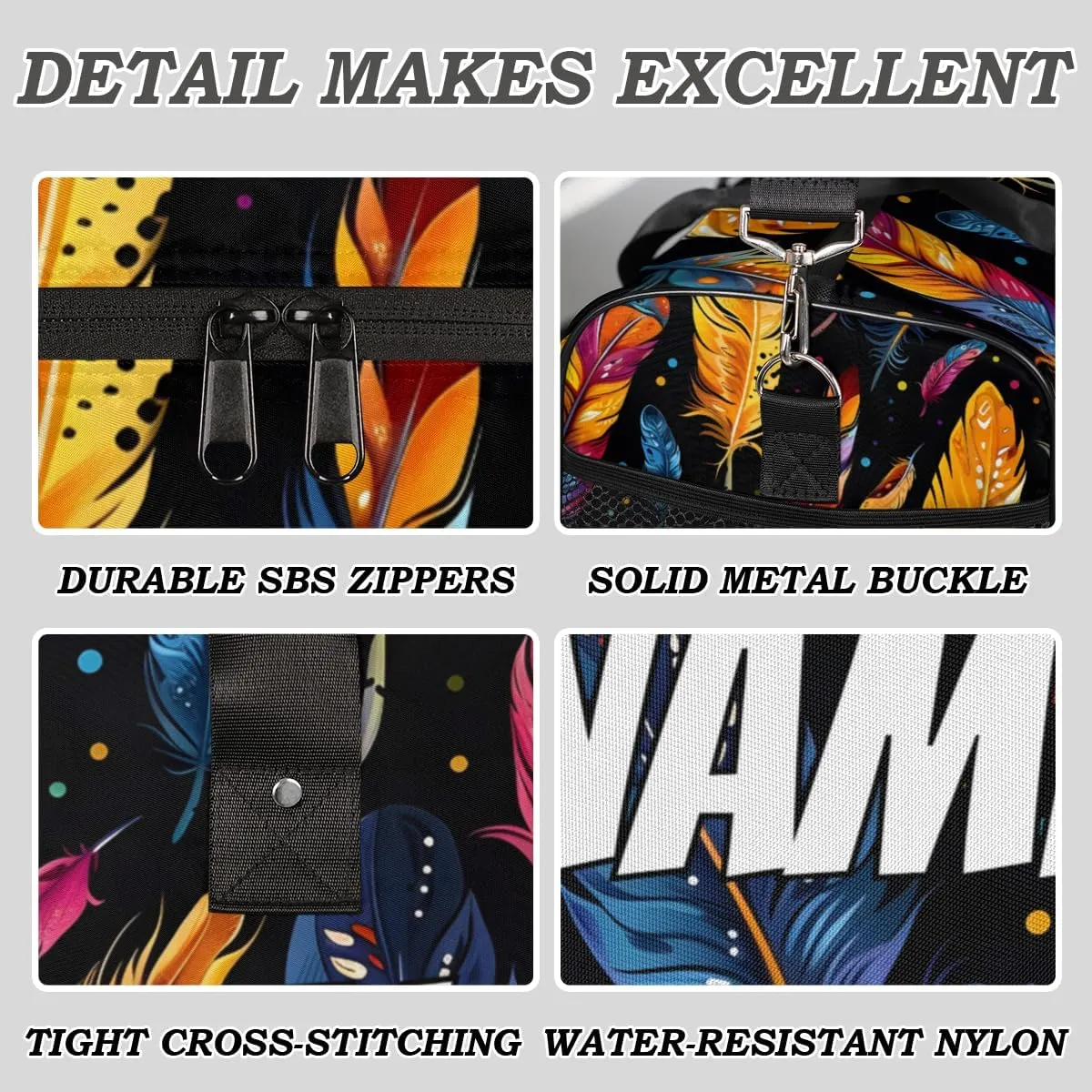 Personalized Colorful Feather Travel Duffel Bag with Name, Custom Gym Sport Bag Animal Skin Carry On Weekend Overnight Duffel Bag for Men Women