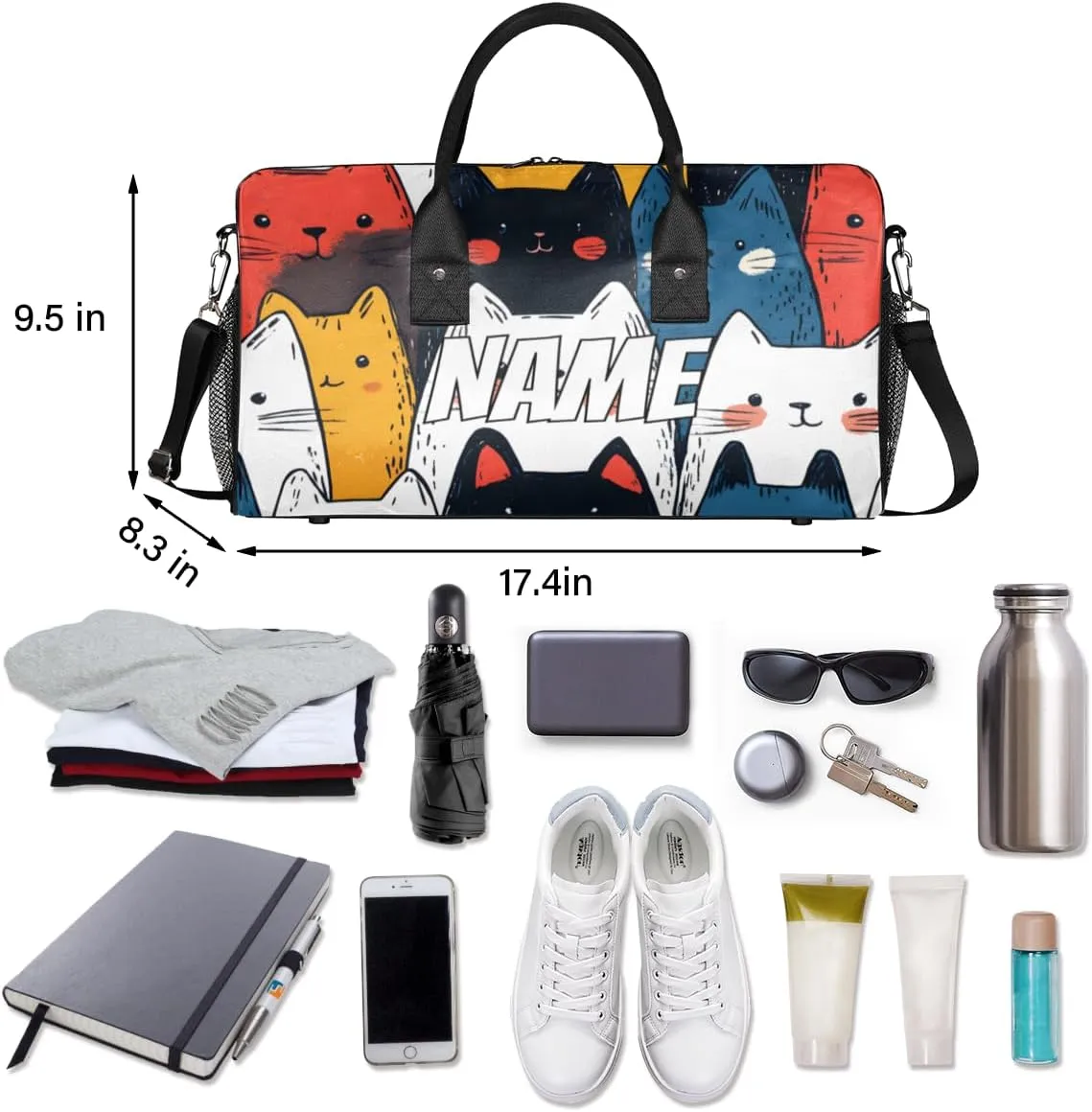 Personalized Colorful Kitty Travel Duffel Bag with Name, Custom Gym Sport Bag Cartoon Cat Carry On Weekend Overnight Duffel Bag for Men Women