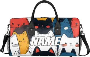 Personalized Colorful Kitty Travel Duffel Bag with Name, Custom Gym Sport Bag Cartoon Cat Carry On Weekend Overnight Duffel Bag for Men Women