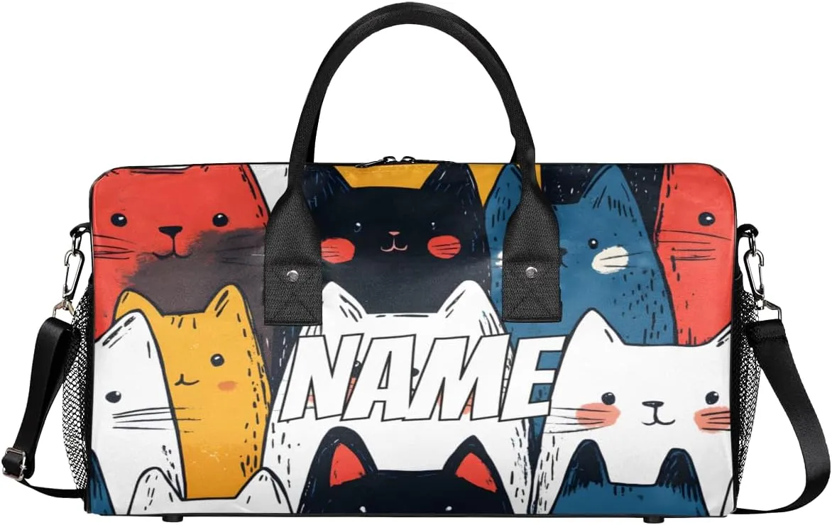 Personalized Colorful Kitty Travel Duffel Bag with Name, Custom Gym Sport Bag Cartoon Cat Carry On Weekend Overnight Duffel Bag for Men Women