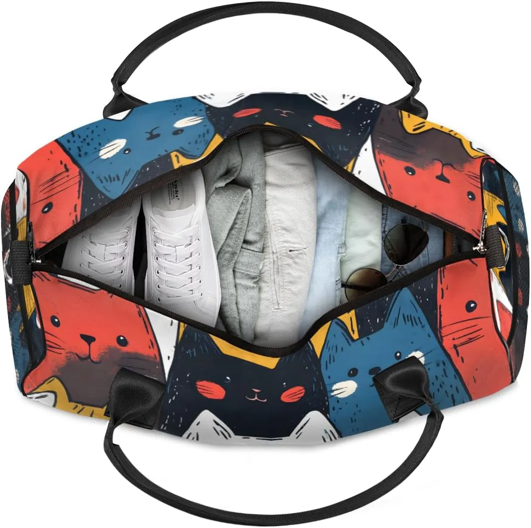 Personalized Colorful Kitty Travel Duffel Bag with Name, Custom Gym Sport Bag Cartoon Cat Carry On Weekend Overnight Duffel Bag for Men Women