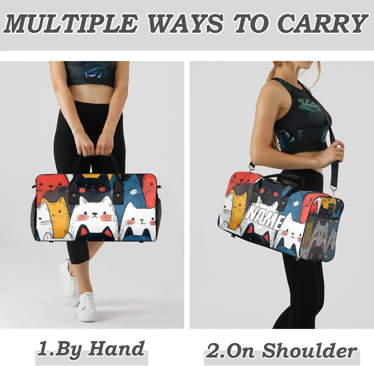 Personalized Colorful Kitty Travel Duffel Bag with Name, Custom Gym Sport Bag Cartoon Cat Carry On Weekend Overnight Duffel Bag for Men Women