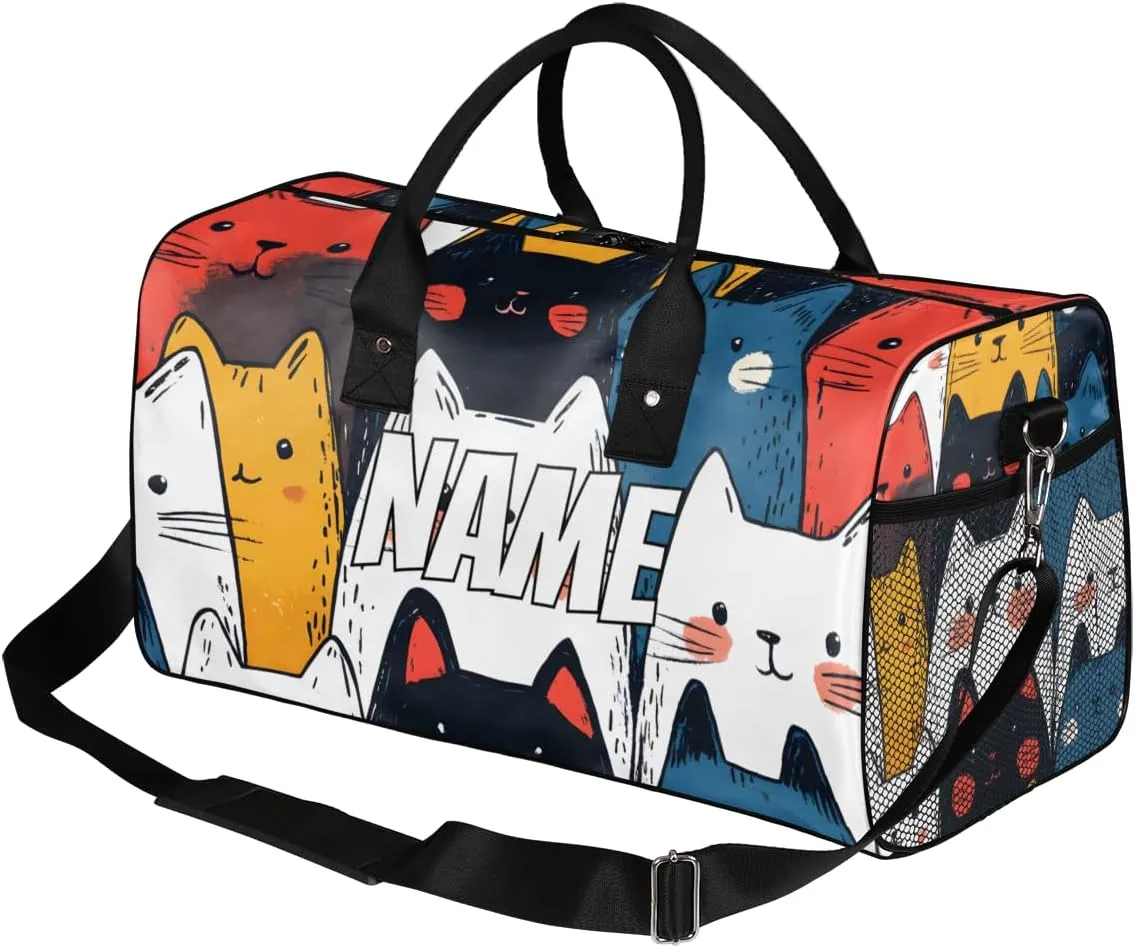 Personalized Colorful Kitty Travel Duffel Bag with Name, Custom Gym Sport Bag Cartoon Cat Carry On Weekend Overnight Duffel Bag for Men Women