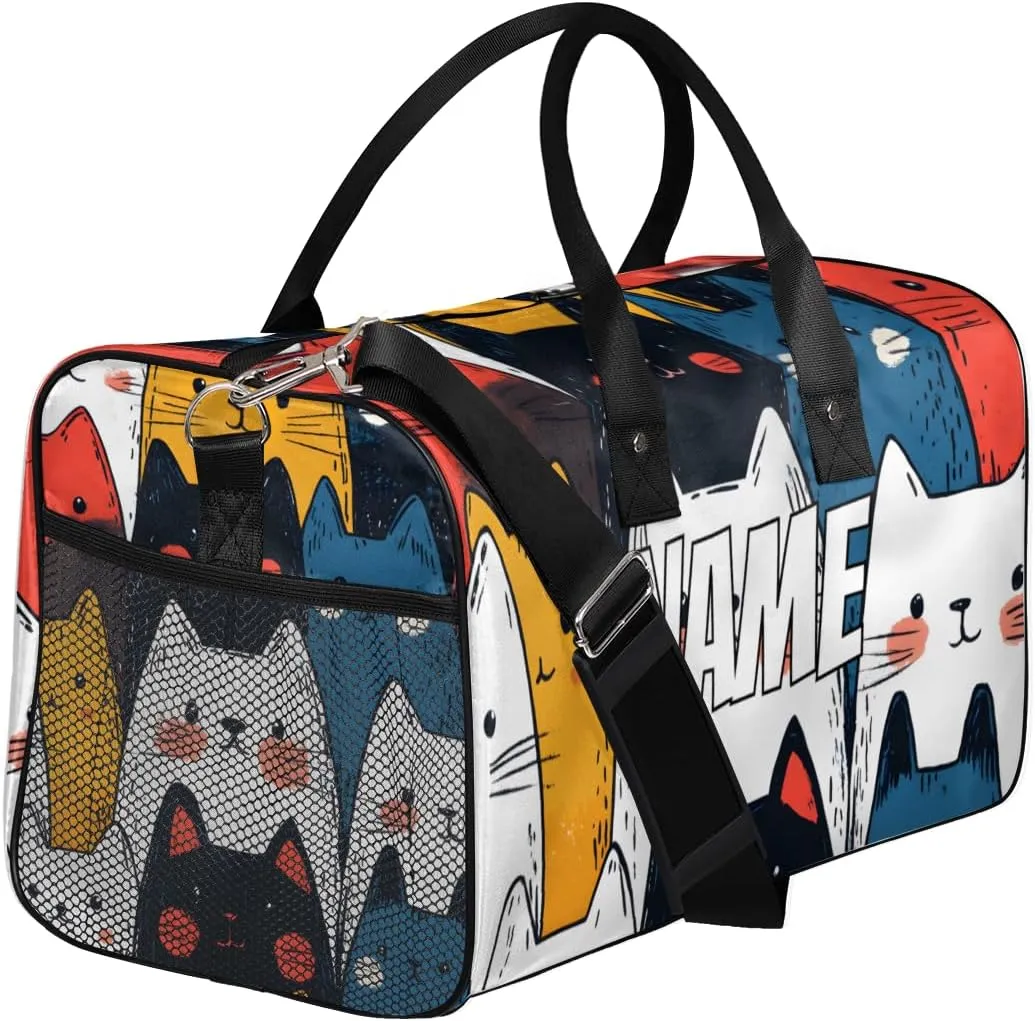 Personalized Colorful Kitty Travel Duffel Bag with Name, Custom Gym Sport Bag Cartoon Cat Carry On Weekend Overnight Duffel Bag for Men Women