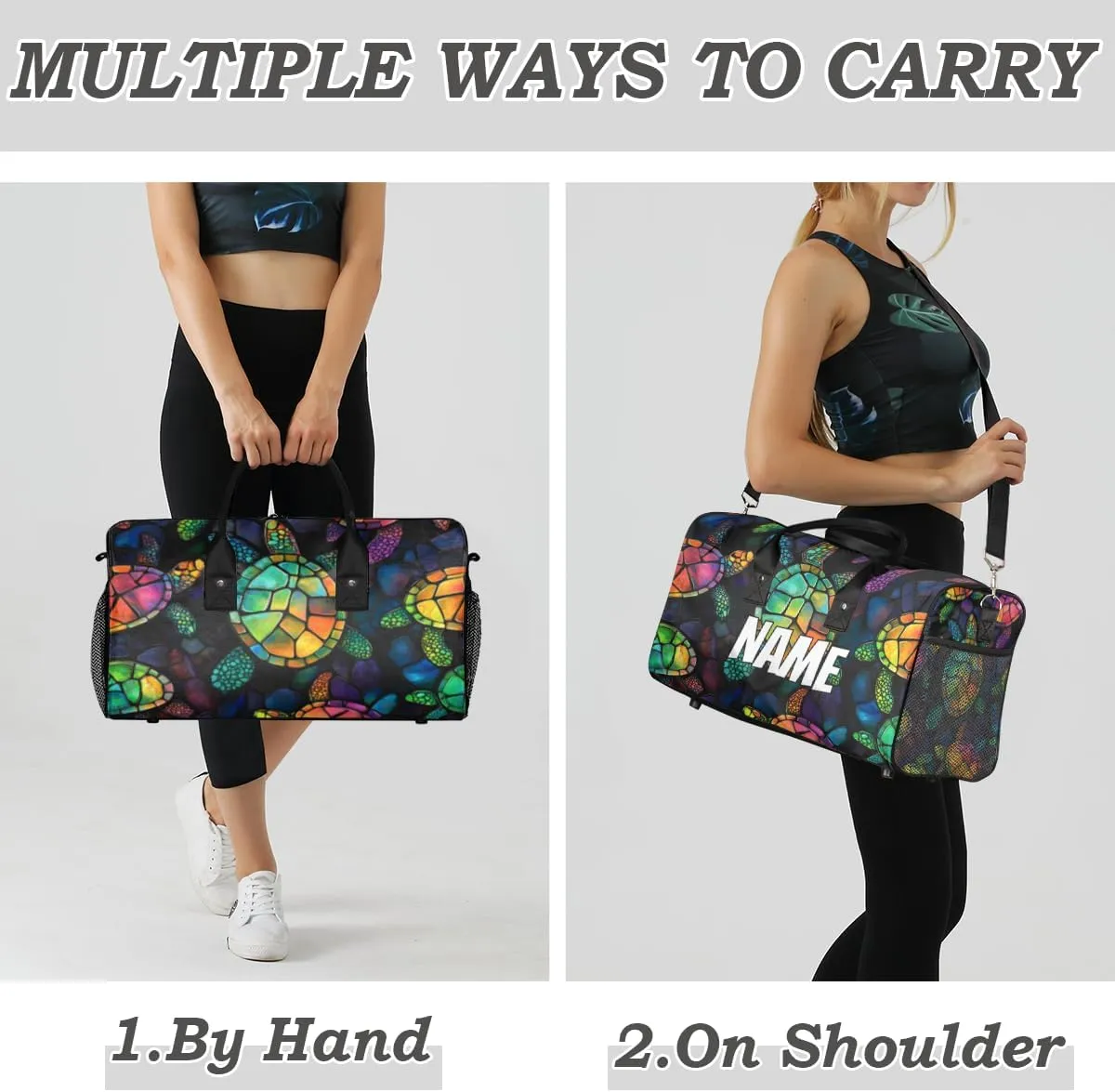 Personalized Colorful Turtle Travel Duffel Bag with Name, Custom Gym Sport Bag Modern Art Carry On Weekend Overnight Duffel Bag for Men Women
