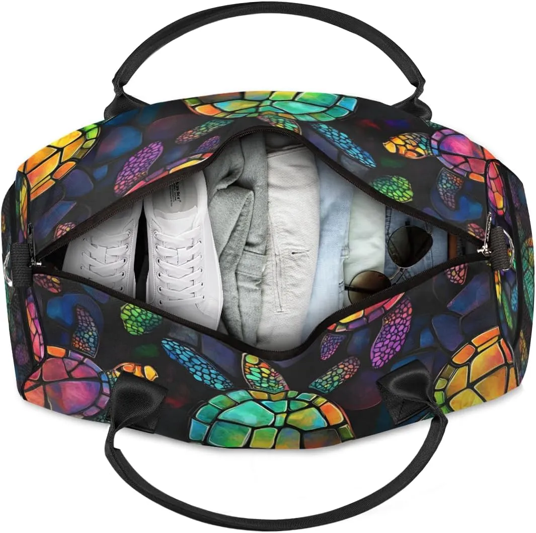 Personalized Colorful Turtle Travel Duffel Bag with Name, Custom Gym Sport Bag Modern Art Carry On Weekend Overnight Duffel Bag for Men Women