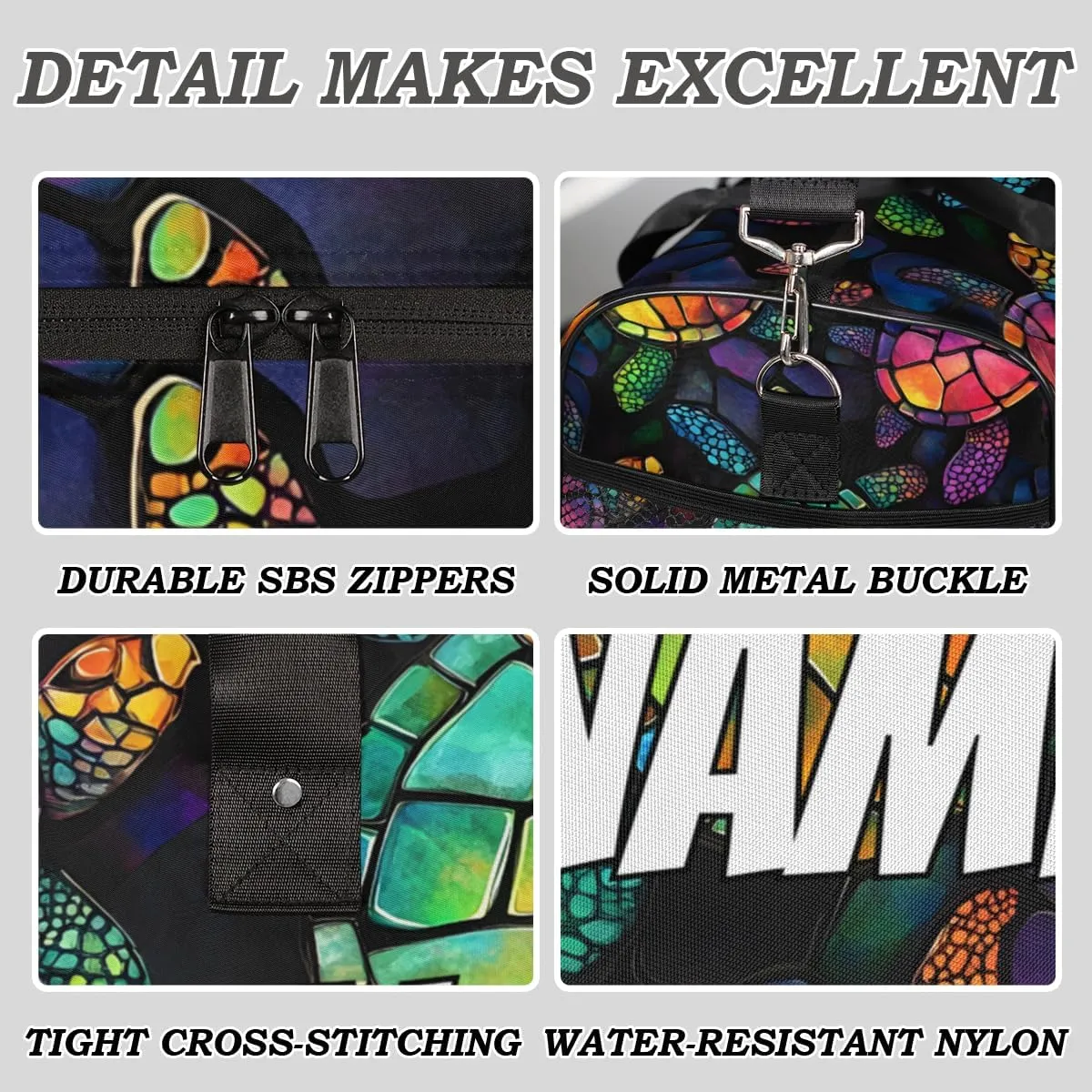 Personalized Colorful Turtle Travel Duffel Bag with Name, Custom Gym Sport Bag Modern Art Carry On Weekend Overnight Duffel Bag for Men Women