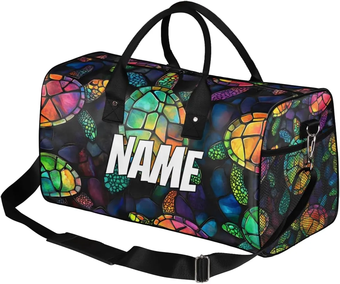 Personalized Colorful Turtle Travel Duffel Bag with Name, Custom Gym Sport Bag Modern Art Carry On Weekend Overnight Duffel Bag for Men Women