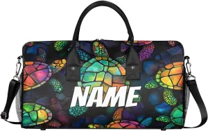 Personalized Colorful Turtle Travel Duffel Bag with Name, Custom Gym Sport Bag Modern Art Carry On Weekend Overnight Duffel Bag for Men Women