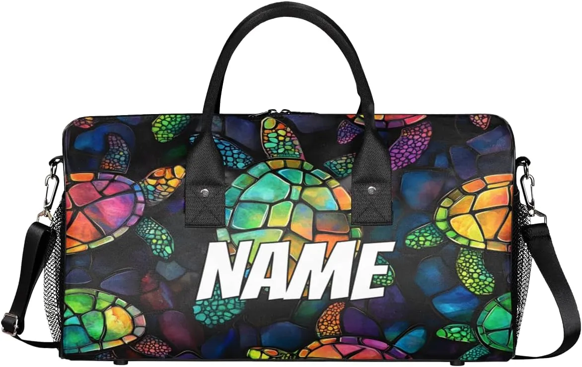 Personalized Colorful Turtle Travel Duffel Bag with Name, Custom Gym Sport Bag Modern Art Carry On Weekend Overnight Duffel Bag for Men Women
