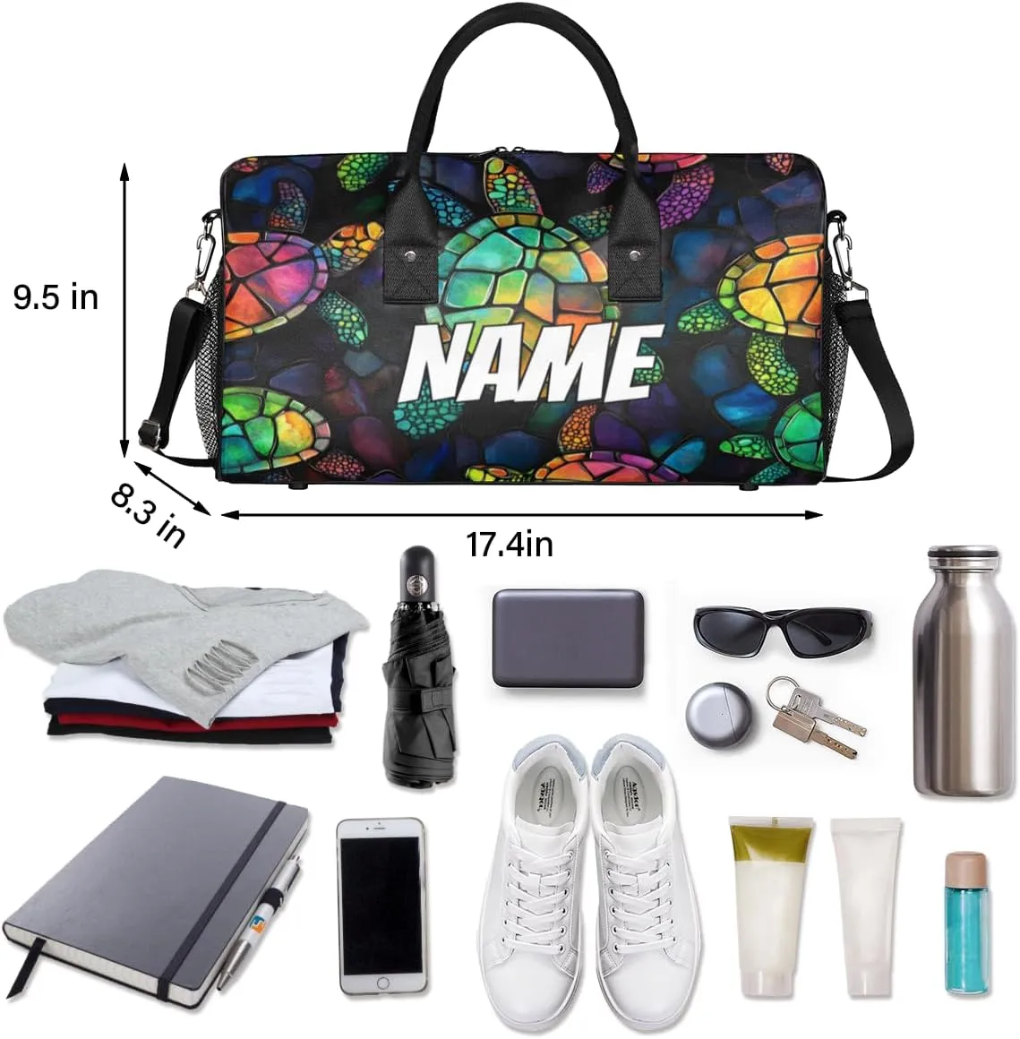 Personalized Colorful Turtle Travel Duffel Bag with Name, Custom Gym Sport Bag Modern Art Carry On Weekend Overnight Duffel Bag for Men Women