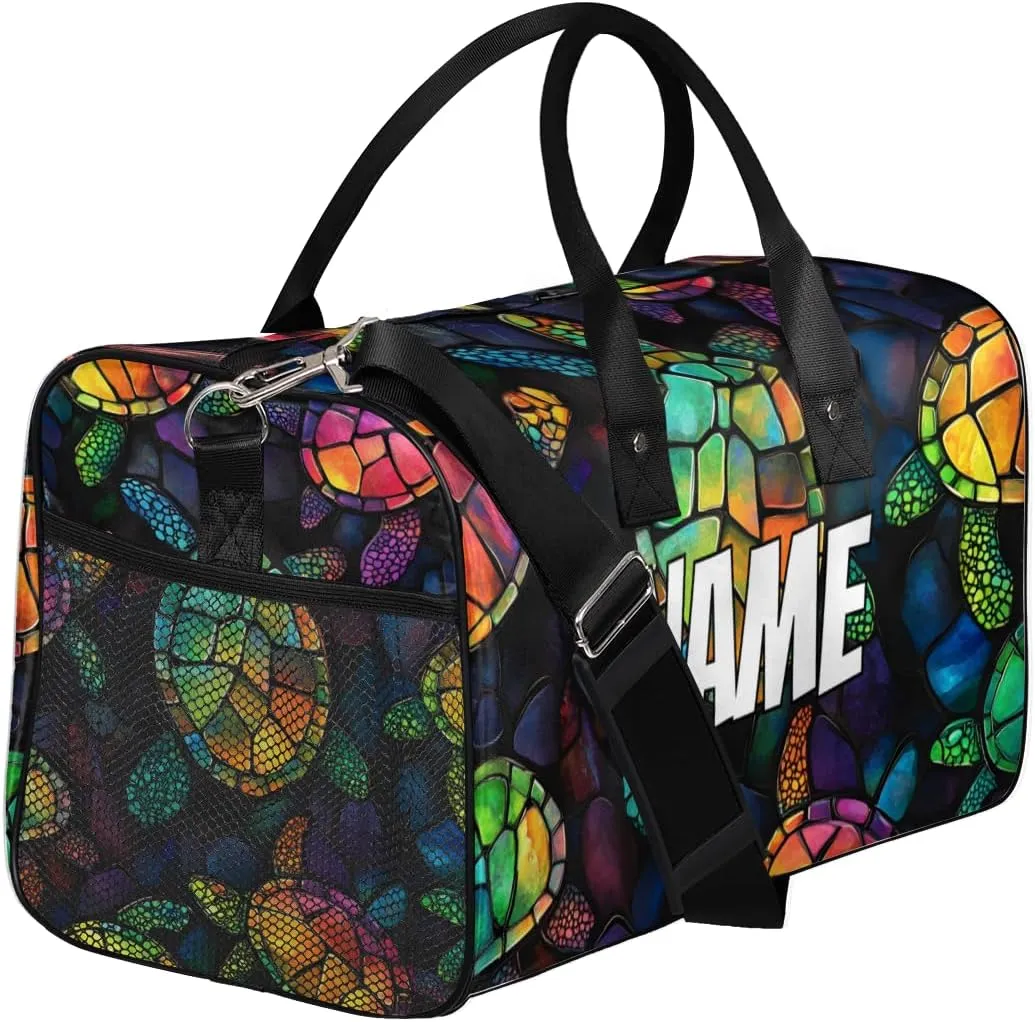 Personalized Colorful Turtle Travel Duffel Bag with Name, Custom Gym Sport Bag Modern Art Carry On Weekend Overnight Duffel Bag for Men Women