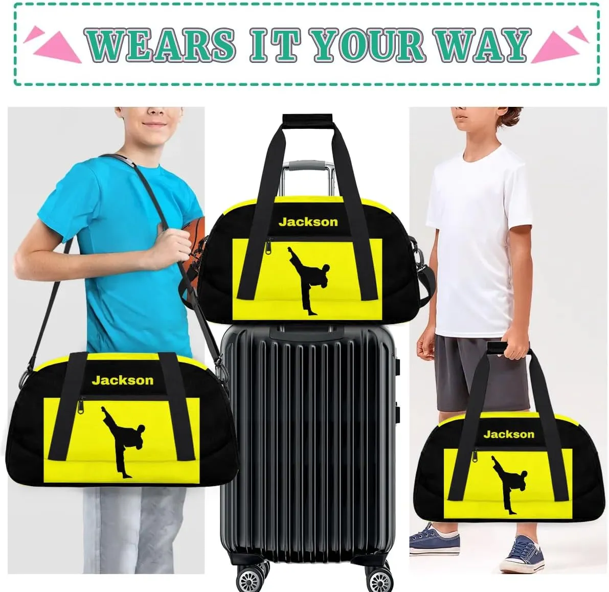 Personalized Custom Kids Duffel Bags for Boys Teen Girls, Customized Sports Gym Bag Travel Duffle Bag, Overnight Weekender Sleepover Bag, Martial Arts Taekwondo Yellow Section 41
