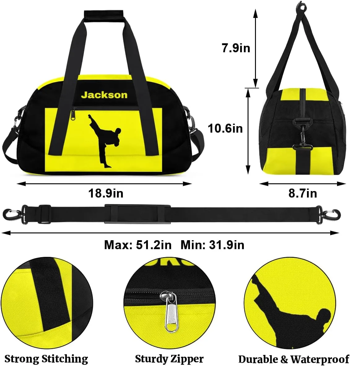 Personalized Custom Kids Duffel Bags for Boys Teen Girls, Customized Sports Gym Bag Travel Duffle Bag, Overnight Weekender Sleepover Bag, Martial Arts Taekwondo Yellow Section 41
