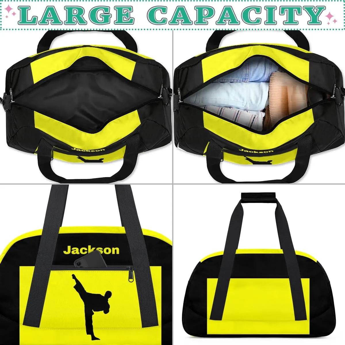 Personalized Custom Kids Duffel Bags for Boys Teen Girls, Customized Sports Gym Bag Travel Duffle Bag, Overnight Weekender Sleepover Bag, Martial Arts Taekwondo Yellow Section 41