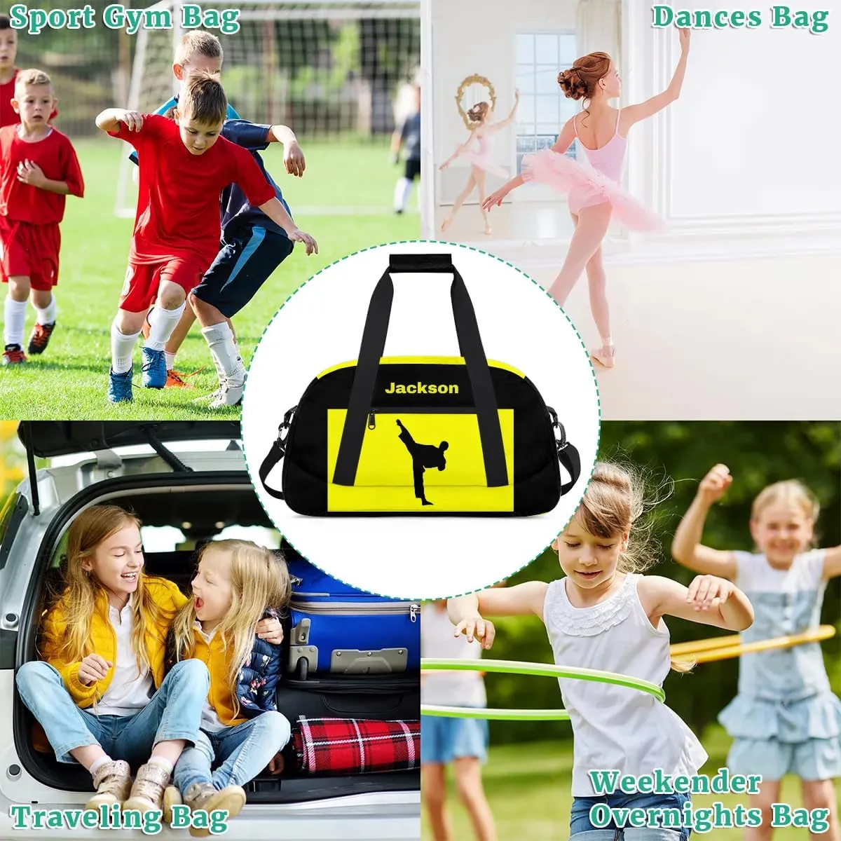 Personalized Custom Kids Duffel Bags for Boys Teen Girls, Customized Sports Gym Bag Travel Duffle Bag, Overnight Weekender Sleepover Bag, Martial Arts Taekwondo Yellow Section 41