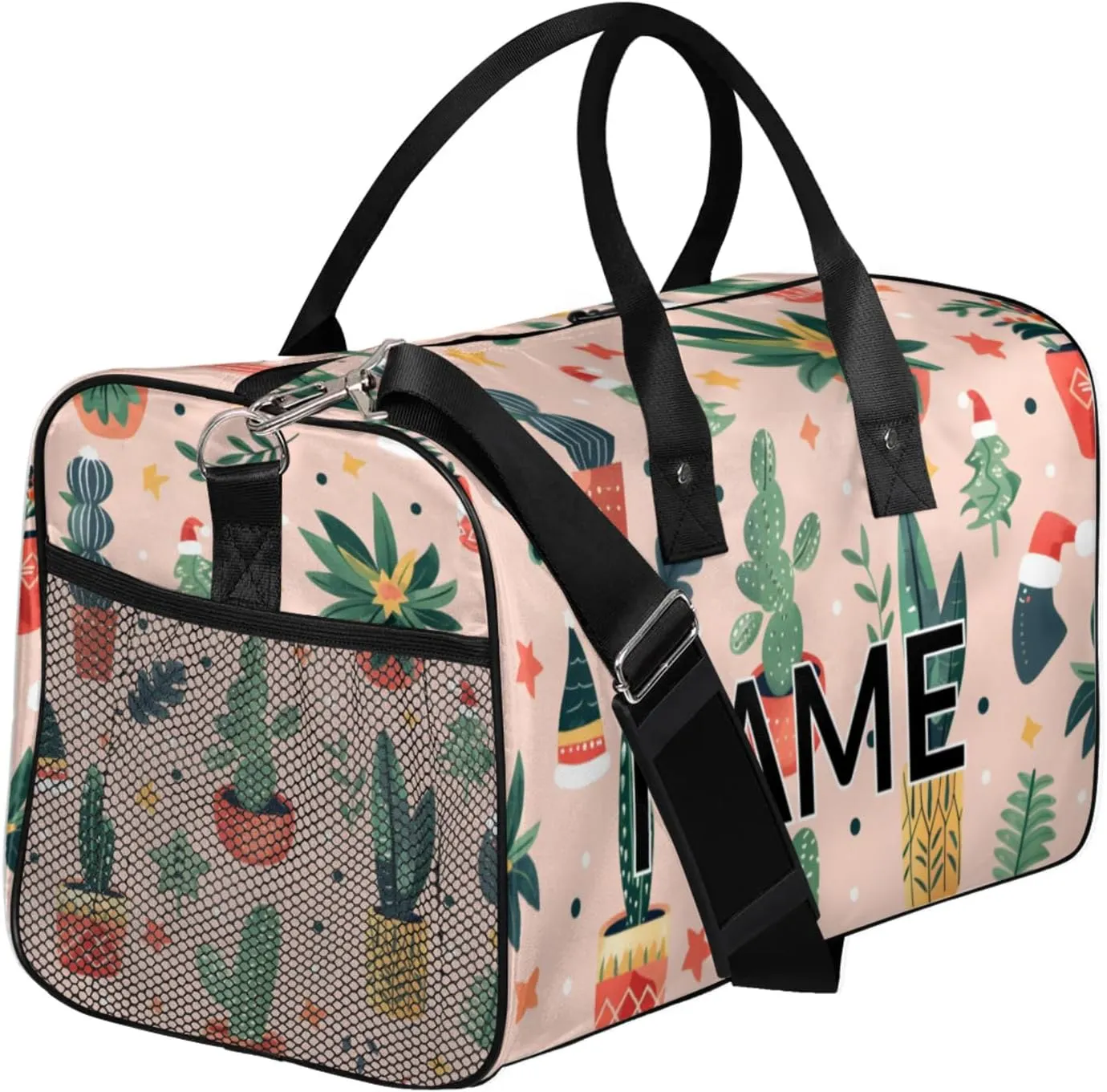Personalized Cute Cactus Travel Duffel Bag with Name, Custom Gym Sport Bag Boho Abstract Carry On Weekend Overnight Duffel Bag for Men Women