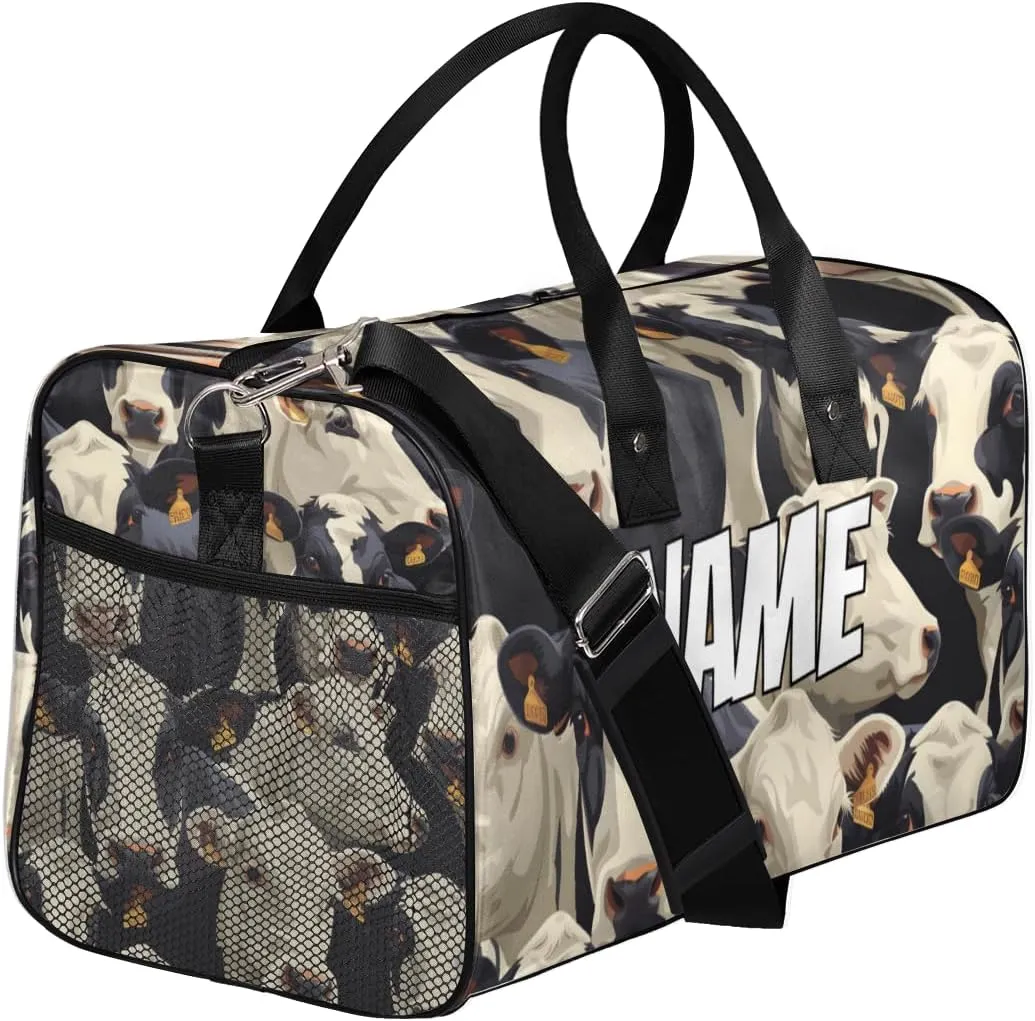 Personalized Cute Cows Travel Duffel Bag with Name, Custom Gym Sport Bag Cow Print Carry On Weekend Overnight Duffel Bag for Men Women