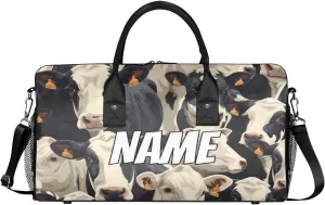 Personalized Cute Cows Travel Duffel Bag with Name, Custom Gym Sport Bag Cow Print Carry On Weekend Overnight Duffel Bag for Men Women