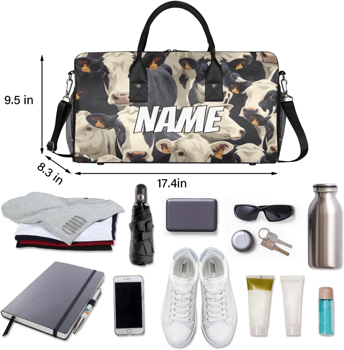 Personalized Cute Cows Travel Duffel Bag with Name, Custom Gym Sport Bag Cow Print Carry On Weekend Overnight Duffel Bag for Men Women