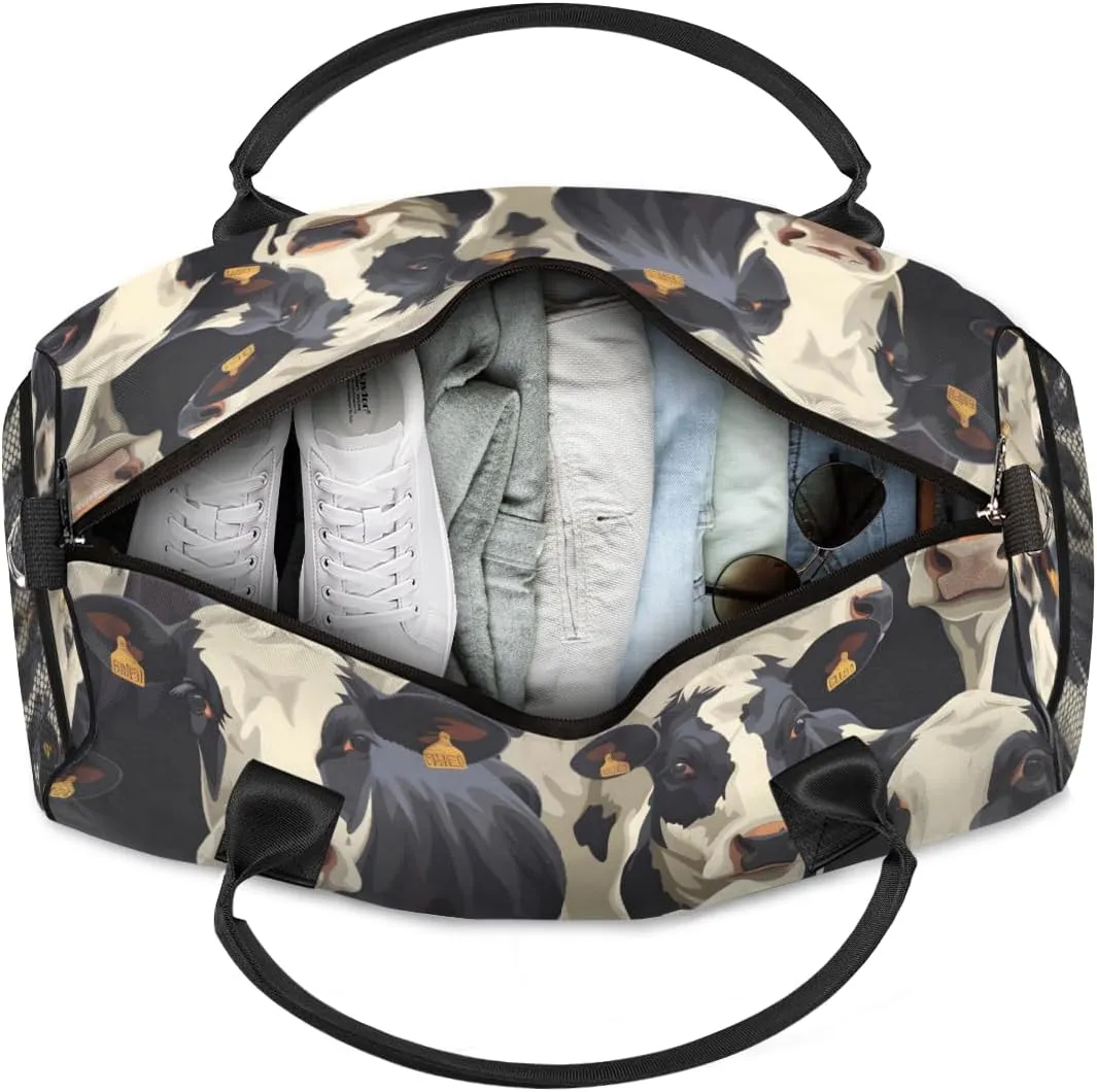 Personalized Cute Cows Travel Duffel Bag with Name, Custom Gym Sport Bag Cow Print Carry On Weekend Overnight Duffel Bag for Men Women