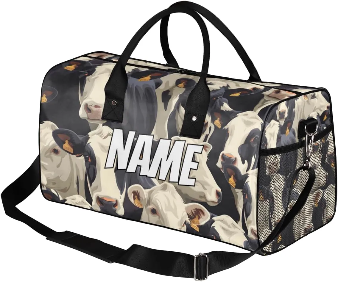 Personalized Cute Cows Travel Duffel Bag with Name, Custom Gym Sport Bag Cow Print Carry On Weekend Overnight Duffel Bag for Men Women