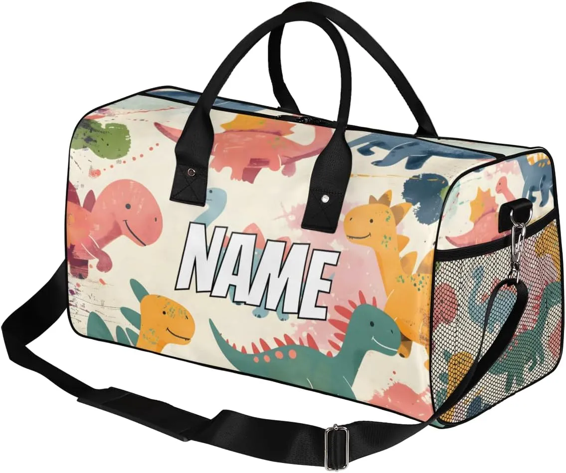 Personalized Cute Dinosaur Travel Duffel Bag with Name, Custom Gym Sport Bag Colorful Cartoon Carry On Weekend Overnight Duffel Bag for Men Women