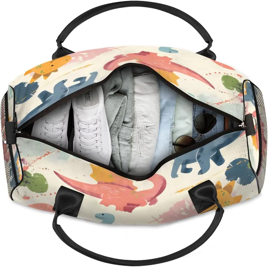 Personalized Cute Dinosaur Travel Duffel Bag with Name, Custom Gym Sport Bag Colorful Cartoon Carry On Weekend Overnight Duffel Bag for Men Women