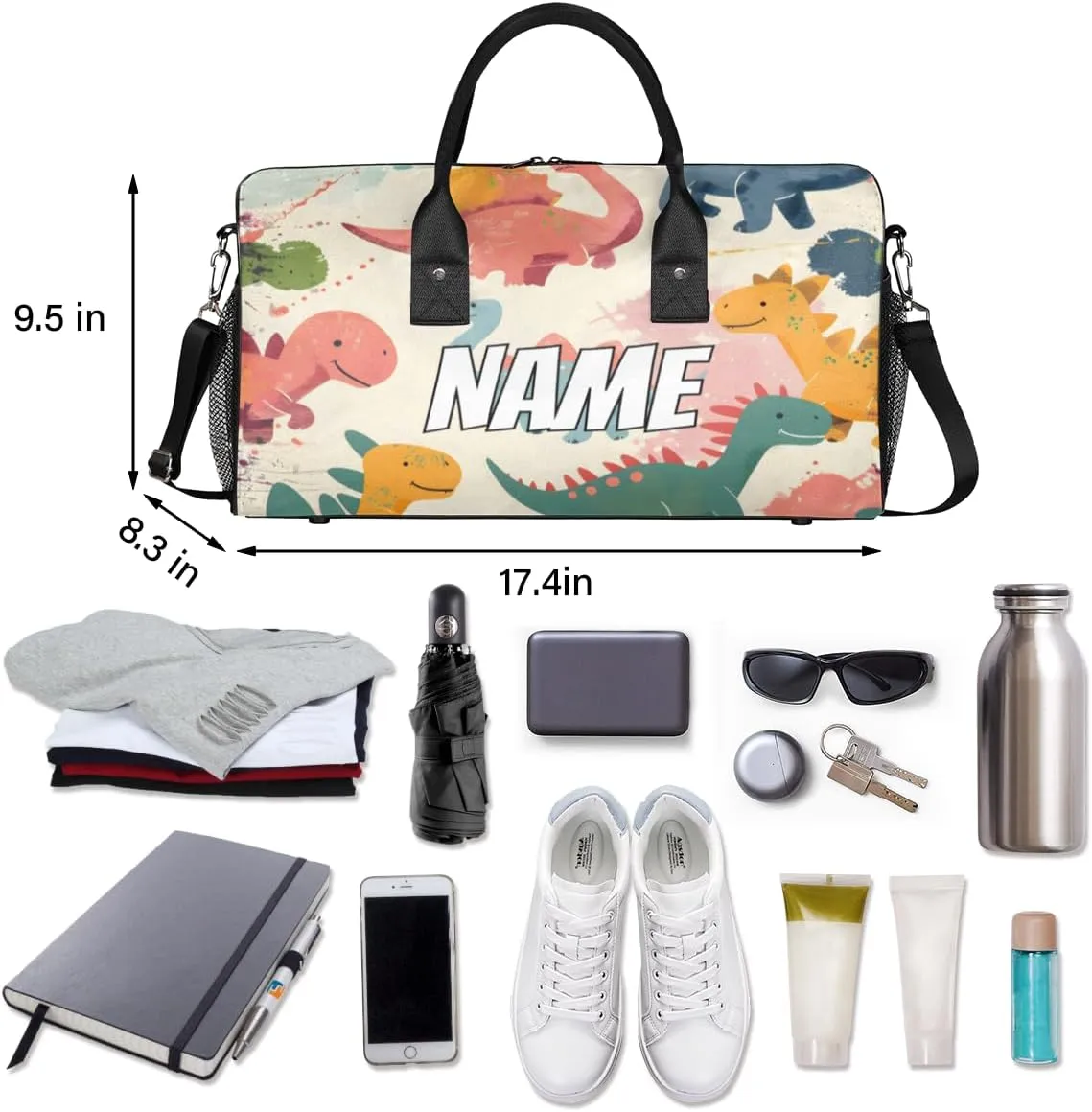 Personalized Cute Dinosaur Travel Duffel Bag with Name, Custom Gym Sport Bag Colorful Cartoon Carry On Weekend Overnight Duffel Bag for Men Women