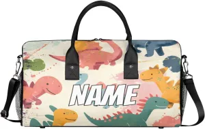 Personalized Cute Dinosaur Travel Duffel Bag with Name, Custom Gym Sport Bag Colorful Cartoon Carry On Weekend Overnight Duffel Bag for Men Women