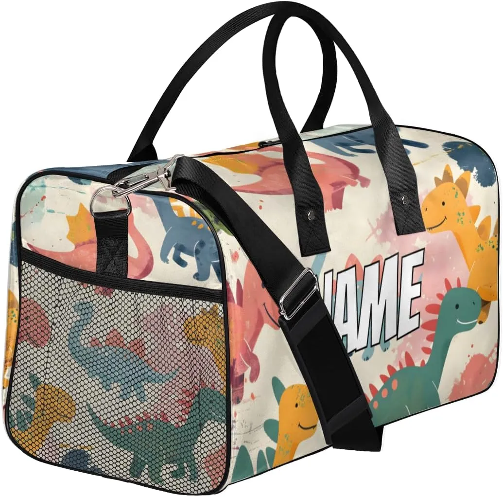 Personalized Cute Dinosaur Travel Duffel Bag with Name, Custom Gym Sport Bag Colorful Cartoon Carry On Weekend Overnight Duffel Bag for Men Women
