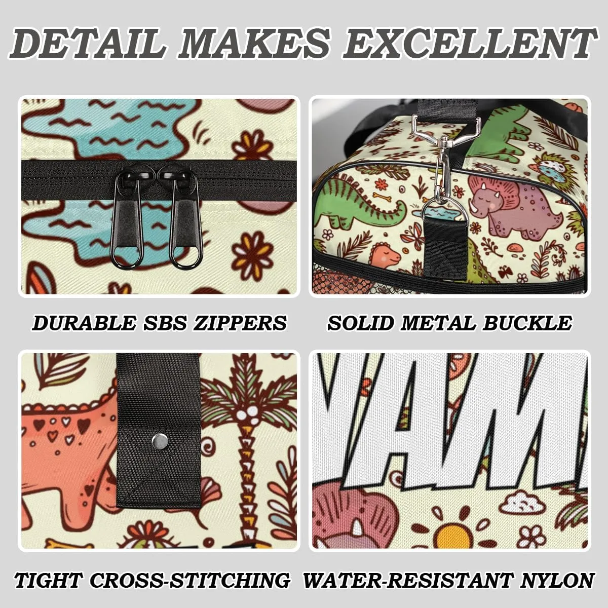 Personalized Cute Dinosaur Travel Duffel Bag with Name, Custom Gym Sport Bag Dino Pattern Carry On Weekend Overnight Duffel Bag for Men Women